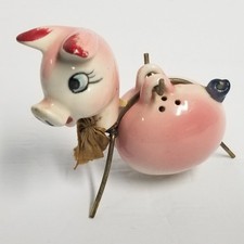 Vintage 1950s Little Pig Piggy Salt & Pepper Shakers Hanging on Stand MCM Japan picture