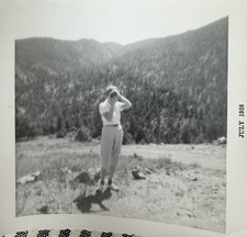 Vintage 1958 Snapshot Photo Woman Mountain Holding Camera Photographer Western picture
