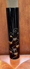 VTG Wajima-Nuri Japanese Black Lacquerware Gold & Silver Leaves Ikebana Vase MCM picture