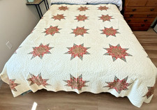 Vintage Handmade 8-Point Star Quilt, Calico Print, Trapunto Embellishments 82x80 picture