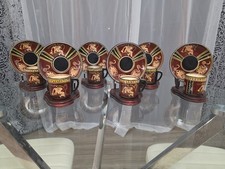Set Of 6 Vintage Greek Demitasse Cups, Saucers, And Wooden Stands picture