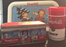 Campbells Soup Advertising 3pc Collectors Lot Metal Tray, Tin Box & Soup Thermos picture