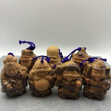 Vintage Japanese Shichifukujin 7 Gods Ceramic Dorei Bells Folk Art Set w/ Box picture