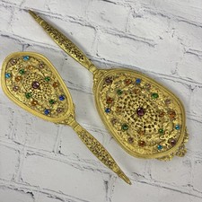 Antique 1920s Jeweled Ormolu Filigree Vanity Brush Mirror Set Boudoir Chic picture