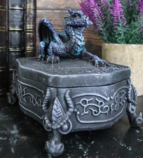 Medieval Midnight Dragon Crouching On Jewelry Box Figurine Sculpture Trinket picture