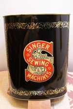 VINTAGE TIN USA SINGER SEWING MACHINE ADVERTISING WASTE BASKET VERY NICE MID CEN picture