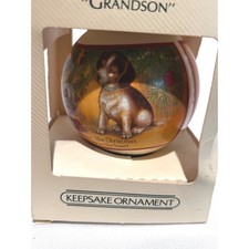 Vintage 1983 Hallmark Keepsake Ornament Grandson Puppy Kitten Satin Ball collect picture