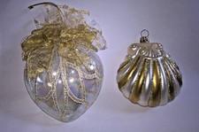 3 Vint Christmas Ornaments/Poland Blown Glass Shell/Clear Ribboned Heart/Ball picture