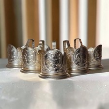 Vintage USSR Soviet Podstakannik Set 5 Irkutsk Babr Sable Tea Glass Holders 1970 picture