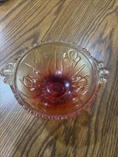 Jeannette Glass Iris & Herringbone Red And Yellow Cadmion Glow Vtg Footed Bowl picture