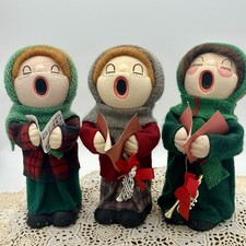 VTG Papier Mache Christmas Caroler Figurines Set 3 Hand Painted Felt Knit Hats picture