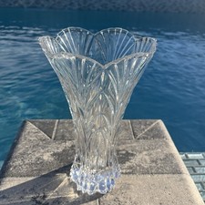 Vintage Clear Lead Crystal Vase Flared Scalloped Rim Leaf Fan Design Heritage picture