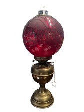 Antique  Cranberry  Oil Lamp-Duplex Made In England Brass Base Optic Dot Shade picture