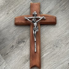Vintage Out Of A Church Jesus Christ Cross Crucifix 18” tall 11” Wide Wood Metal picture