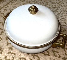 White Enamel Stock Pot Lid Brass Handles French Country Cookware Vintage 3 Qt🦩. picture
