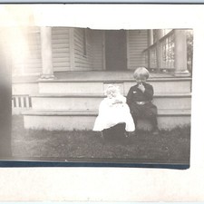 c1910s Owosso, MI Children Porch RPPC Baby Carriage Kids Real Photo Postcard picture