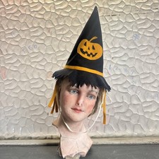 Vintage 1930s Halloween Costume Hat Jack O Lantern Witch Hat Fake Hair Antique picture