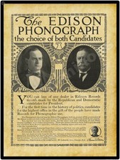 1908 Edison Phonograph Metal Sign: Wm. Taft  & W.J. Bryan Pictures LARGE SIZE  picture