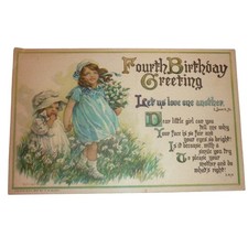 Vintage 1913 Fourth Birthday Greeting Postcard CM Burd Girls Daisies Antique picture