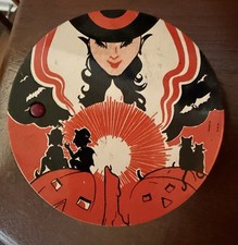 Vintage Halloween Tin & Wood Art Deco Witch Pumpkins Black Cats Noisemaker  picture