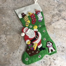 VINTAGE CHRISTMAS FELT BEADED SANTA CLAUS WITH PUPPY DOG HANDMADE STOCKING picture