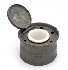 Rare Victorian Pewter Inkwell England Antique Ink Pot Hinged Lid c1850s picture