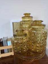 Vintage Federal Glass Honey Amber Atterbury Scroll 3pc Glass Canister Set picture