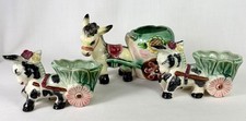 Vintage Lot of 3 Ceramic Donkeys Pulling Carts Planters Made in Japan picture
