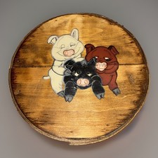 Vintage Seymour Woodenware Round Cheese Box Lid Hand Painted 3 Pigs Folk Art picture