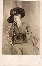 Vintage Studio Real Photo Postcard Woman with Large Fur Hat & Fur Muff picture