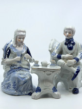 Vintage Porcelain Courting Couple Tea Set Blue White 3 Pc Figurines AS-IS Repair picture