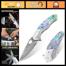 Unique Rainbow Abalone Folding Pocket Knife - VG10 Damascus Steel for Camping, F picture