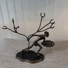 Vintage Mid-Century Brass African Warrior Pipe Stand Holder Shield Figural picture