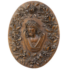 Antique 17thc flemish wood carved bas relief plaque christ wreath flowers picture