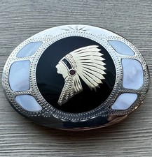 Vtg Johnson Held Indian Chief Abalone Turquoise Coral Inlay Western Belt Buckle picture