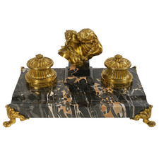 French Gilt Bronze Nero Portoro Marble Inkwell, Lovers Sculpture, Desk Ink Stand picture