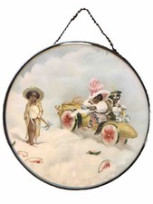 Vintage Chimney Flue Cover Glass w/ An African American Folk Art Scene 9.5” Dia picture