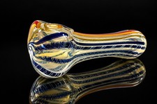 Glass Tobacco Hand Pipe Blue Red Yellow Striped Clear Glass Twist Design picture