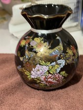 vintage japanese porcelain Vase Black Gold Birds Floral Hand Decorated Japan picture