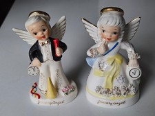 2 Vintage 1956 NAPCO Boy & Girl Angel Figurines JANUARY Birthday New Years Party picture