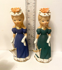 Vintage Tilso 1950s Ceramic Hand Painted Lady Umbrella Figurines 9”Japan picture
