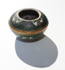 Vintage Japanese Kutani Yaki Incised Green Yellow Glazed Bat Small Pottery Pot picture
