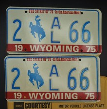 1975 WYOMING LICENSE PLATE PAIR  BICENTENNIAL COWBOY HORSE  # 2 -  66 picture