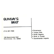Sunday's Best Dinnerware, Unique gifts, Westminster Mall CA Business Card SF3-B1 picture