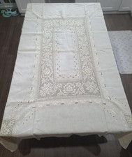 Ivory Floral Embroidered Lace Cutwork Tablecloth 88x62 Large Vintage picture
