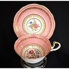 Vintage Aynsley Pink Gold Scroll Teacup Saucer Set C1697 Rose Floral Interior picture