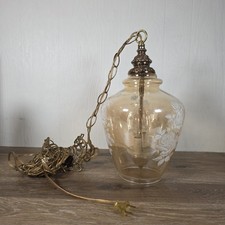 VTG MCM Swag Lamp Hanging Light Clear Amber Glass Painted Roses Pattern Brass picture