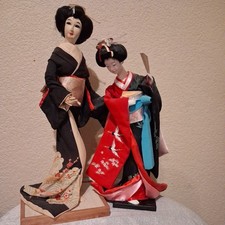 Lot of 2 Japanese Kimono Dolls Black & Red Crane Design on Wooden Bases picture