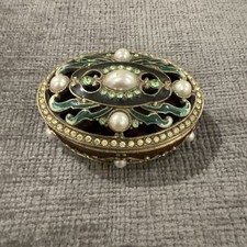 Vintage Jeweled Trinket Box Faux Pearl Rhinestone Enamel Oval Gold Tone picture