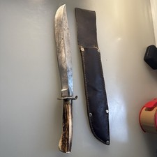Vintage Hunter Hand Made Knife And Learher Sheath 12” picture